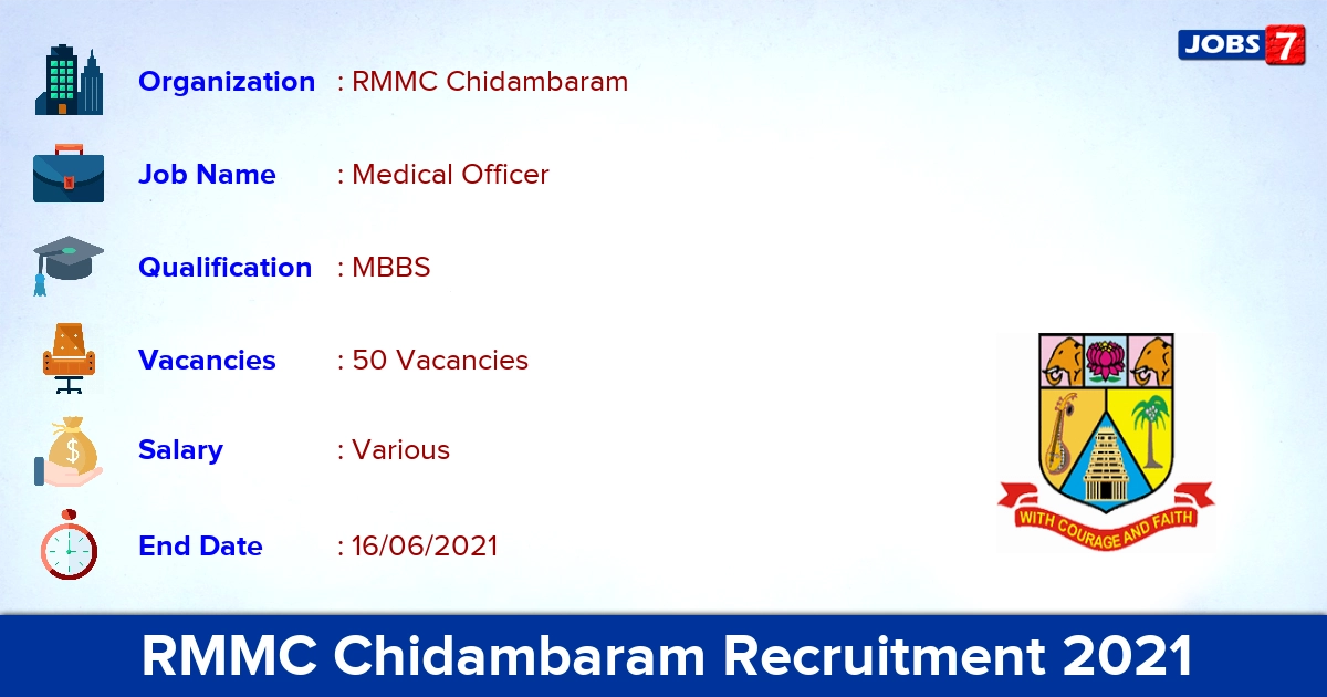 RMMC Chidambaram Recruitment 2021 - Apply Online for 50 Medical Officer Vacancies