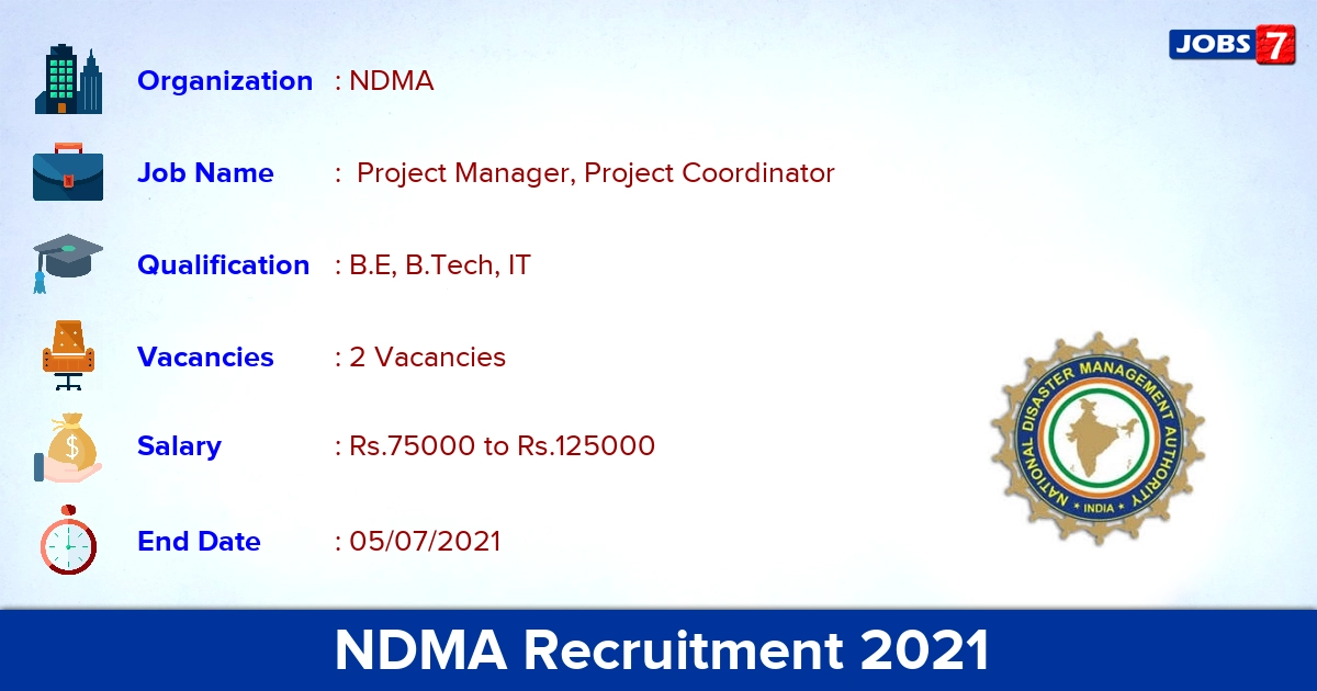 NDMA Recruitment 2021 - Apply Offline for  Project Manager, Project Coordinator Jobs