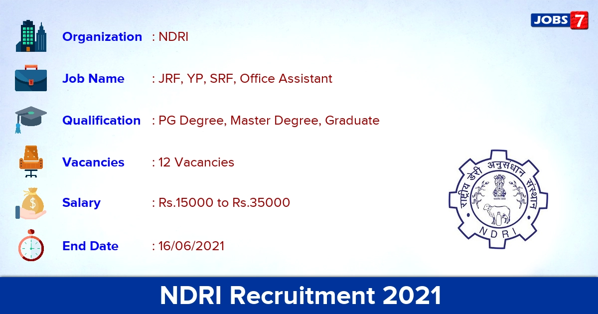 NDRI Recruitment 2021 - Apply Online for 12 JRF, Office Assistant Vacancies