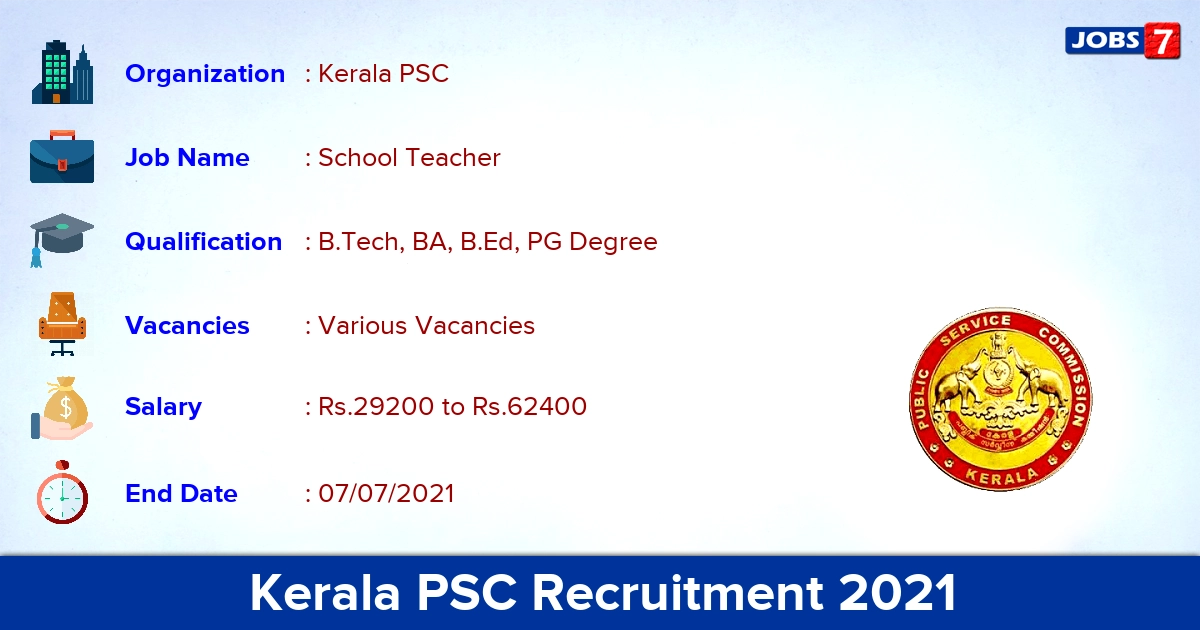 Kerala PSC Recruitment 2021 - Apply Online for High School Teacher Vacancies