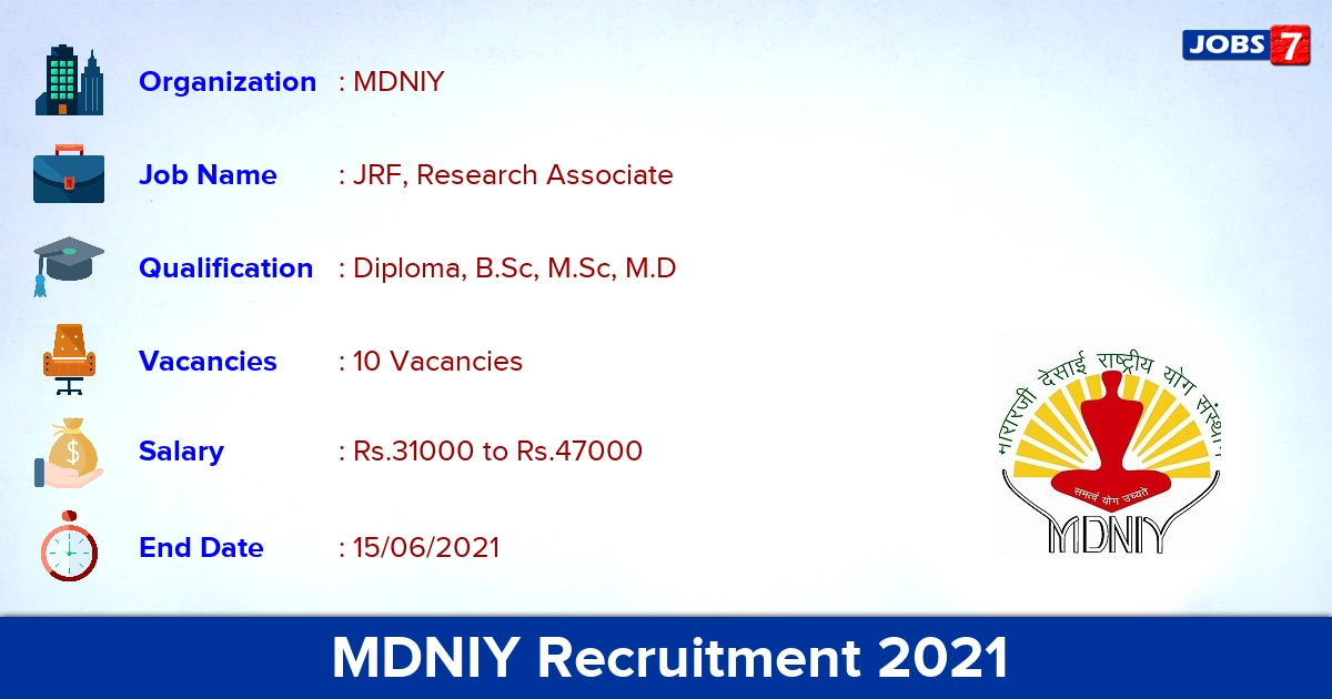 MDNIY Recruitment 2021 - Apply Online for 10 JRF, Research Associate Vacancies