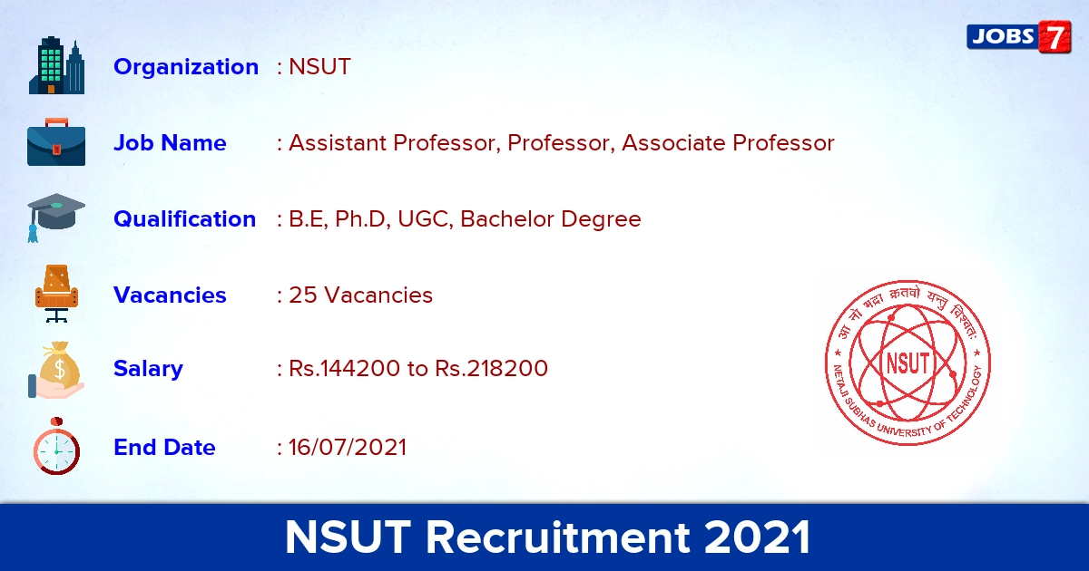 NSUT Recruitment 2021 - Apply Online for 25 Professor Vacancies