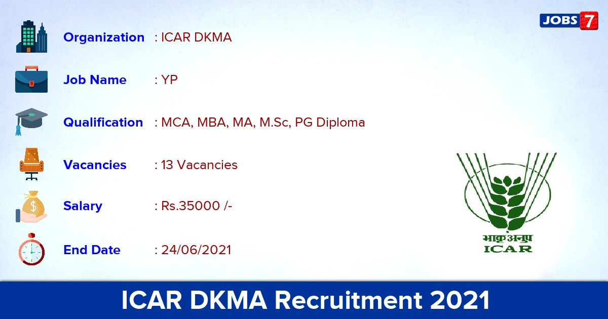 ICAR DKMA Recruitment 2021 - Apply Online for 13 YP Vacancies
