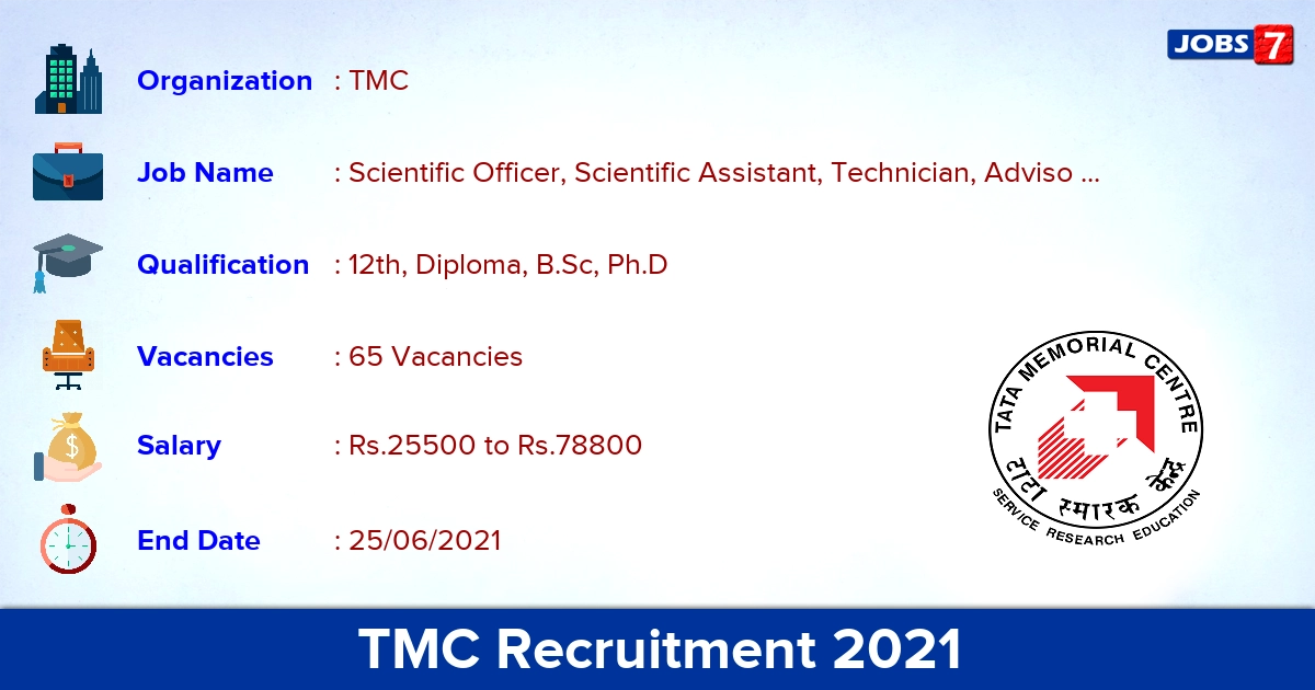 TMC Recruitment 2021 - Apply Online for 65 Scientific Officer, Nursing Superintendent Vacancies