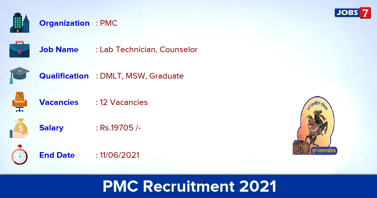 PMC Recruitment 2021 - Apply Offline for 12 Lab Technician, Counselor Vacancies