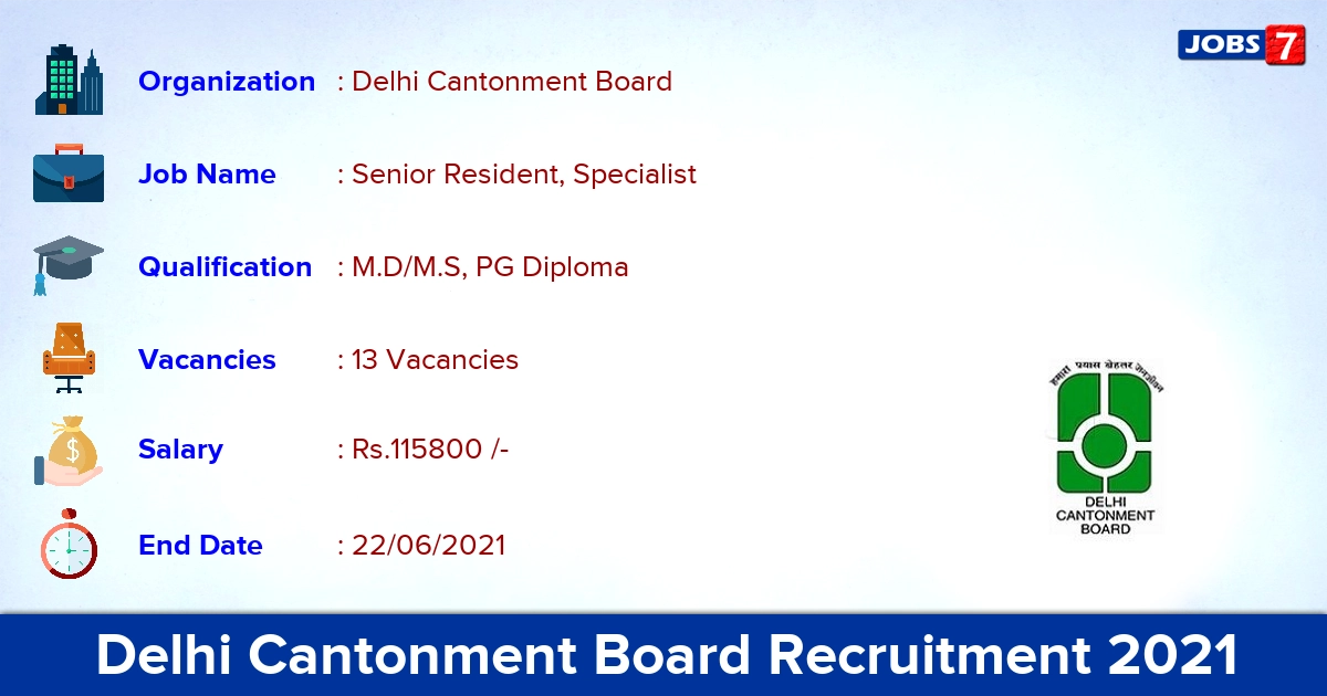 Delhi Cantonment Board Recruitment 2021 - Apply Online for 13 Senior Resident, Specialist Vacancies