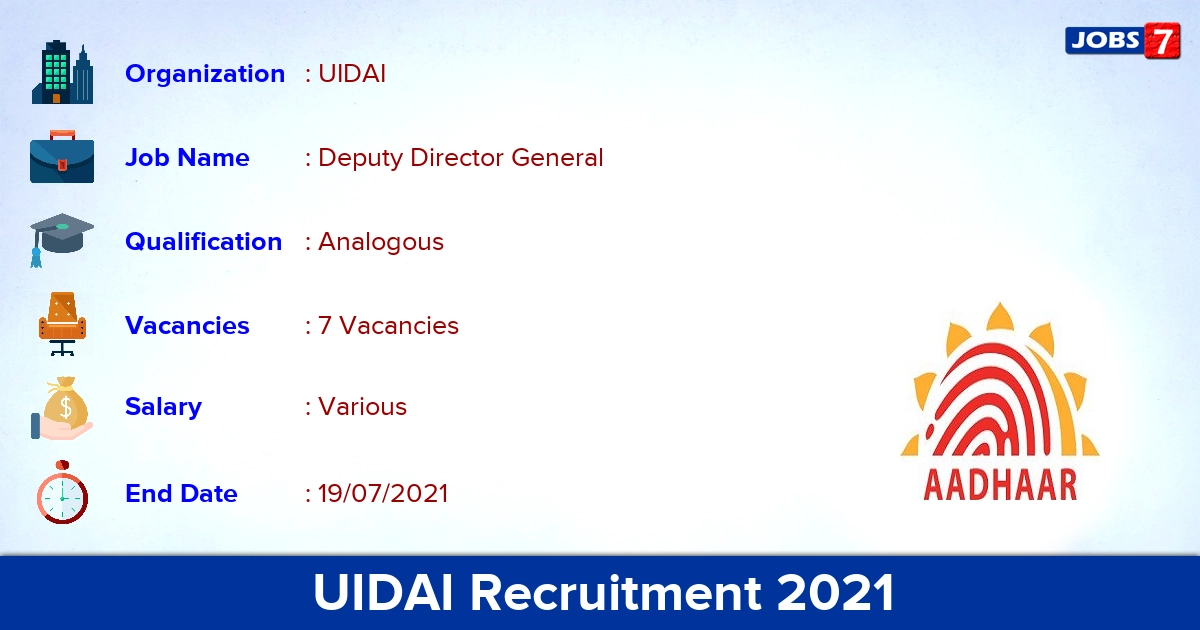UIDAI Recruitment 2021 - Apply Offline for Deputy Director General Jobs