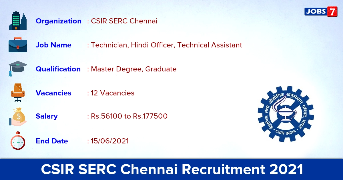 CSIR SERC Chennai Recruitment 2021 - Apply Online for 12 Hindi Officer, Technical Assistant Vacancies