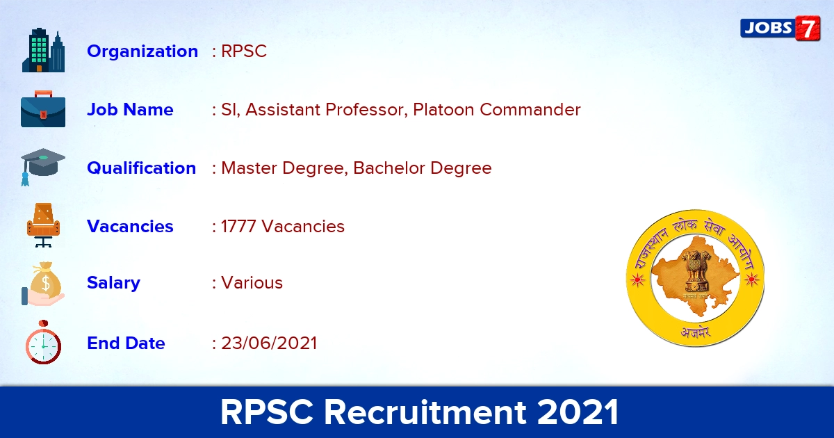 RPSC Recruitment 2021 - Apply Online for 1777 SI, Platoon Commander Vacancies