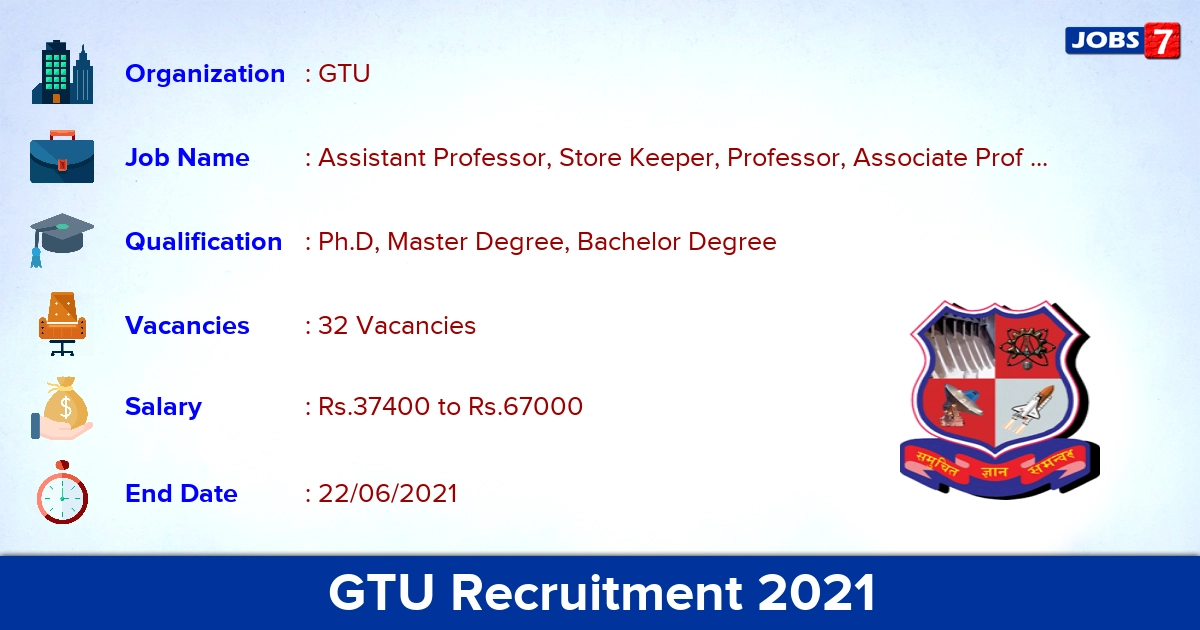 GTU Recruitment 2021 - Apply Online for 32 Assistant Professor, Store Keeper Vacancies