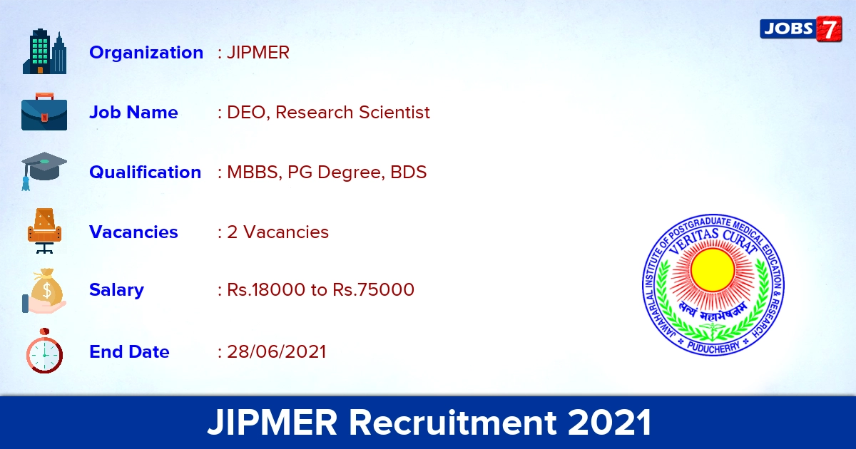 JIPMER Recruitment 2021 - Apply Online for DEO, Research Scientist Jobs