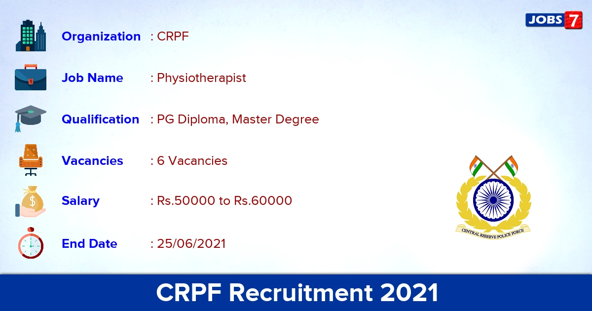 CRPF Recruitment 2021 - Apply Online for Physiotherapist Jobs
