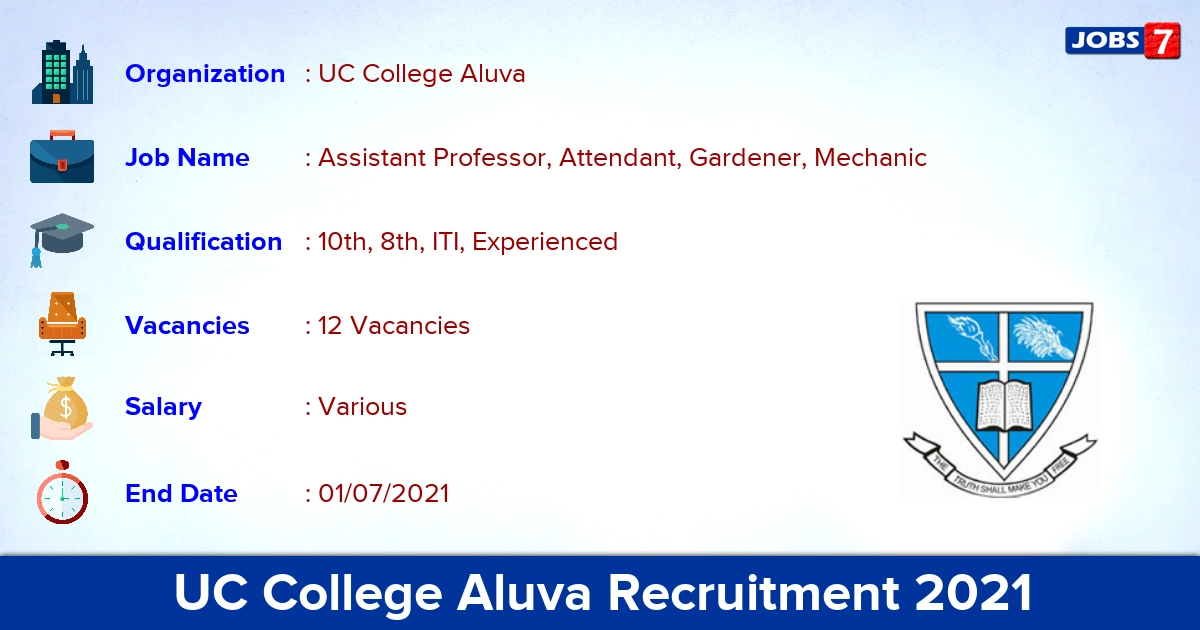 UC College Aluva Recruitment 2021 - Apply Online for 12 Assistant Professor Vacancies