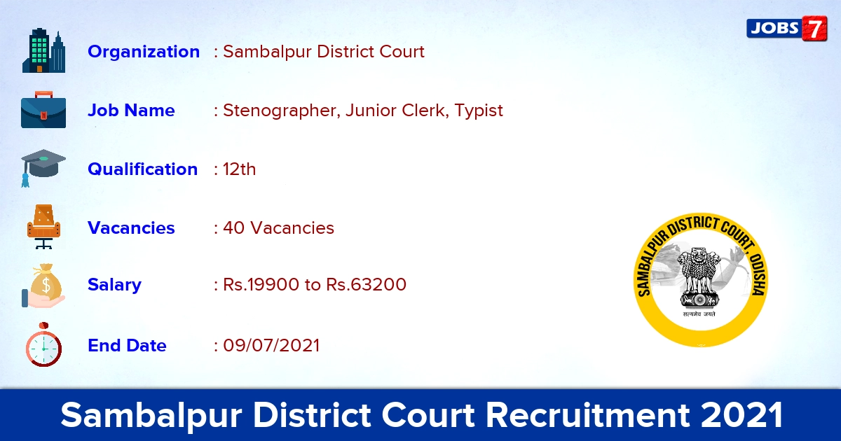 Sambalpur District Court Recruitment 2021 - Apply Online for 40 Junior Clerk, Typist Vacancies