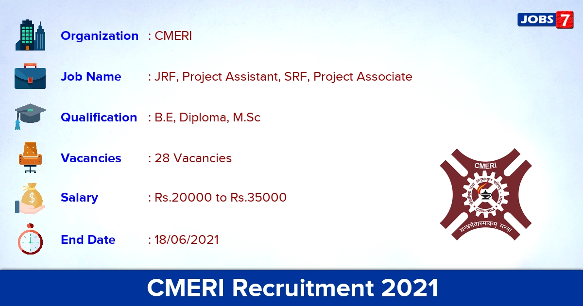 CMERI Recruitment 2021 - Apply Online for 28 SRF, Project Associate Vacancies