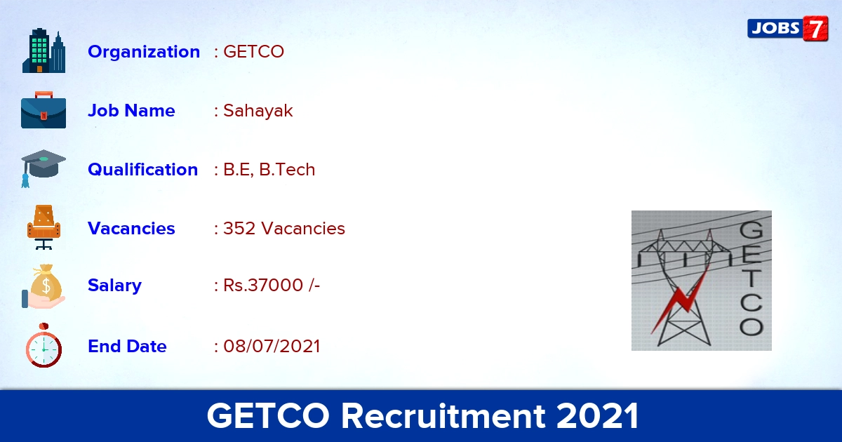 GETCO Recruitment 2021 - Apply Online for 352 Vidyut Sahayak Vacancies