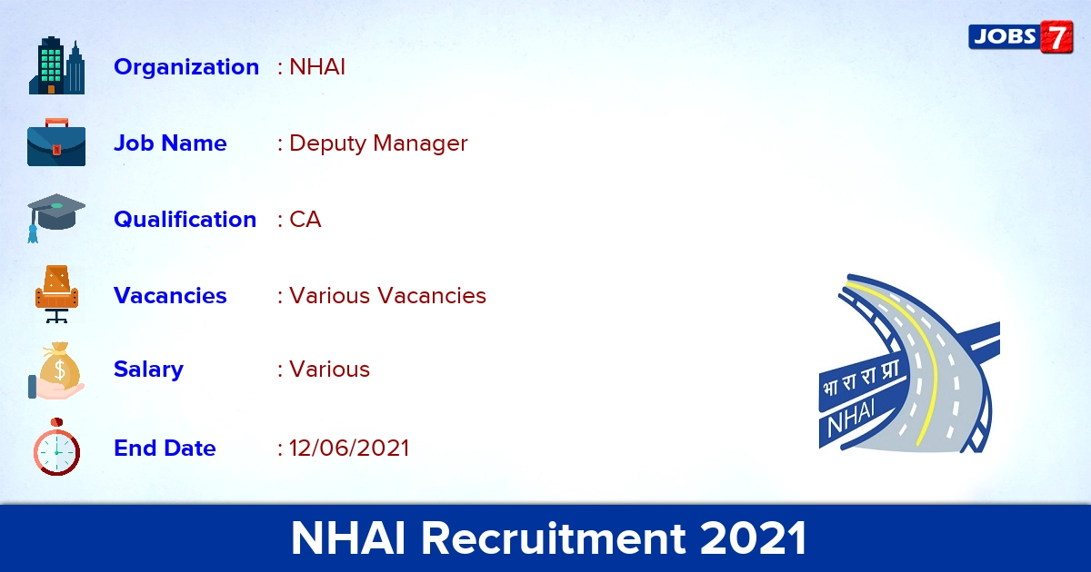 NHAI Recruitment 2021 - Apply Online for Deputy Manager Vacancies NHAI Recruitment 2021 - Apply Online for Deputy Manager Vacancies