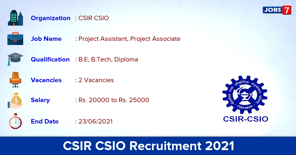 CSIR CSIO Recruitment 2021 - Apply Online for Project Associate Jobs