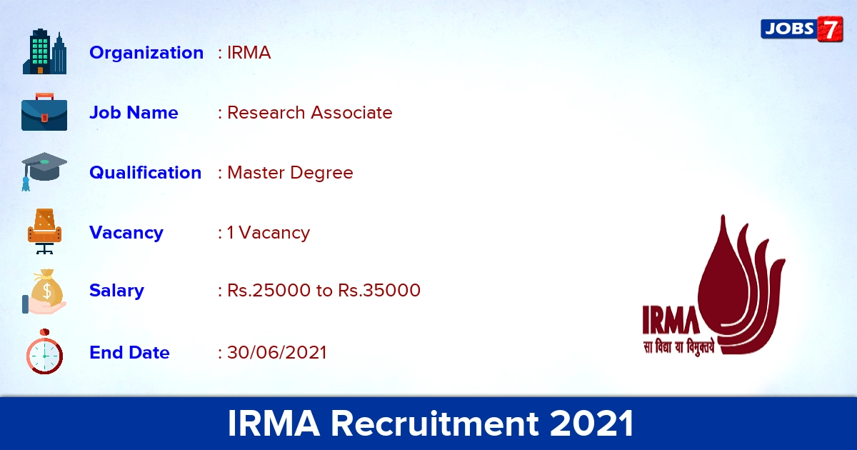 IRMA Recruitment 2021 - Apply Online for Research Associate Jobs