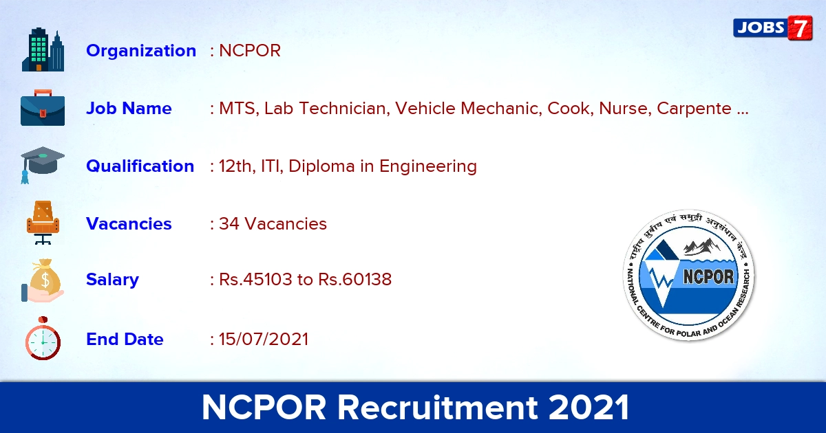 NCPOR Recruitment 2021 - Apply Online for 34 Welder, Electrician Vacancies