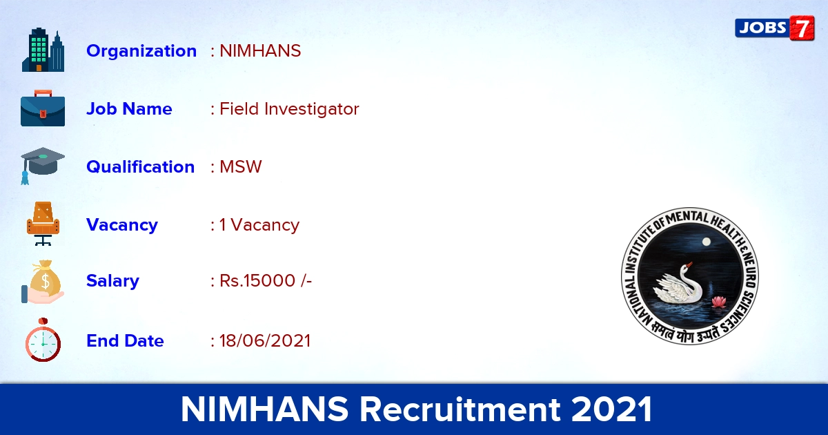 NIMHANS Recruitment 2021 - Apply Online for Field Investigator Jobs NIMHANS Recruitment 2021 - Apply Online for Field Investigator Jobs