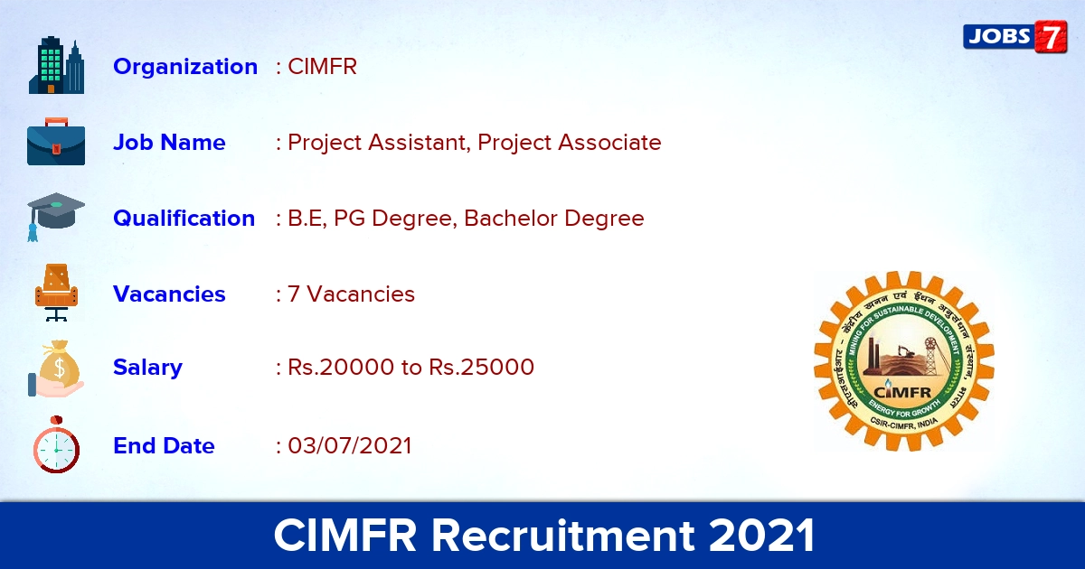 CIMFR Recruitment 2021 - Apply Offline for Project Assistant Jobs