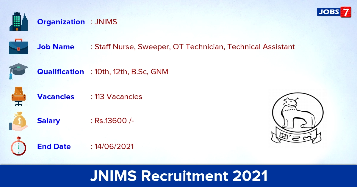 JNIMS Recruitment 2021 - Apply Online for 113 Staff Nurse Vacancies