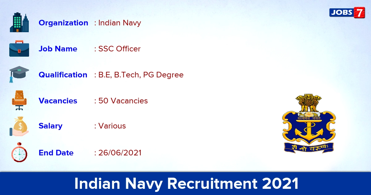 Indian Navy Recruitment 2021 - Apply Online for 50 SSC Officer Vacancies Indian Navy Recruitment 2021 - Apply Online for 50 SSC Officer Vacancies