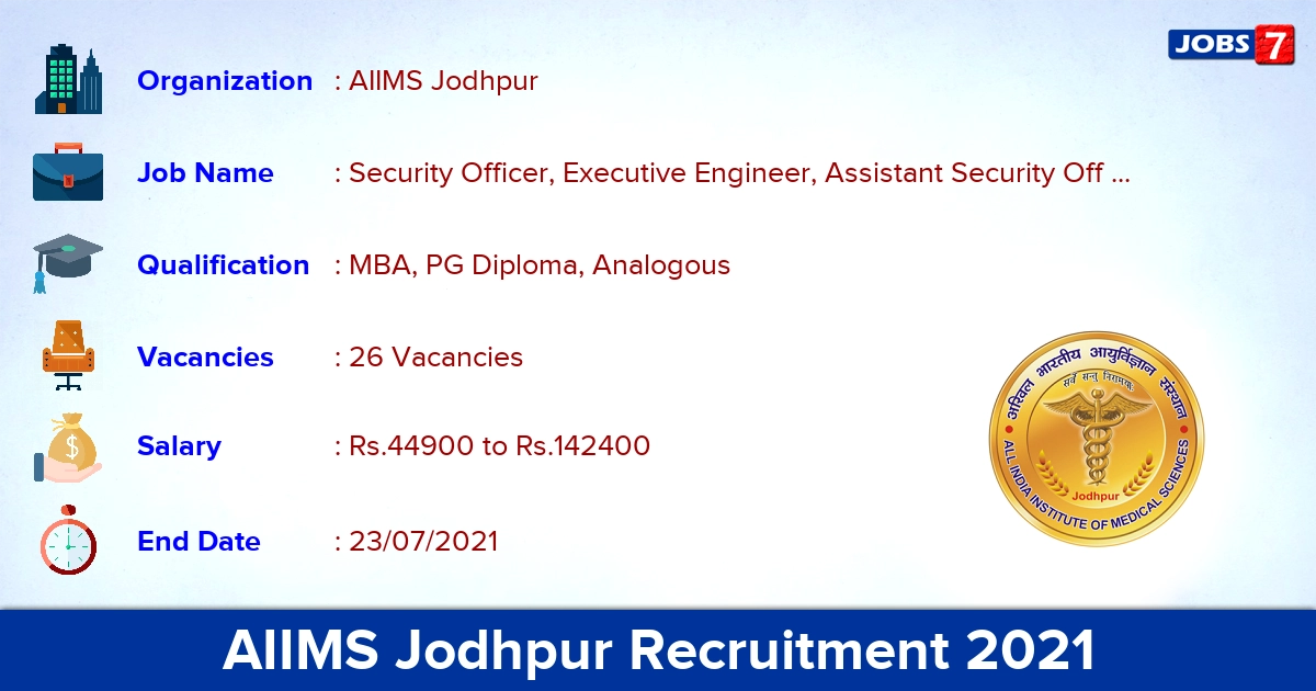 AIIMS Jodhpur Recruitment 2021 - Apply Offline for 26 Medical Superintendent Vacancies