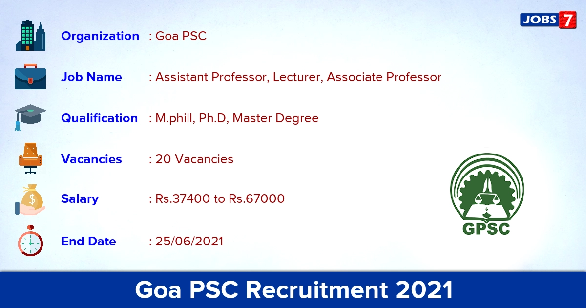 Goa PSC Recruitment 2021 - Apply Online for 20 Assistant Professor, Lecturer Vacancies