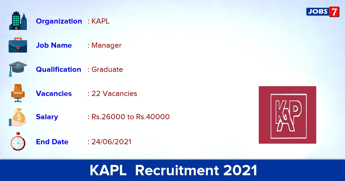 KAPL  Recruitment 2021 - Apply Offline for 22 Manager Vacancies