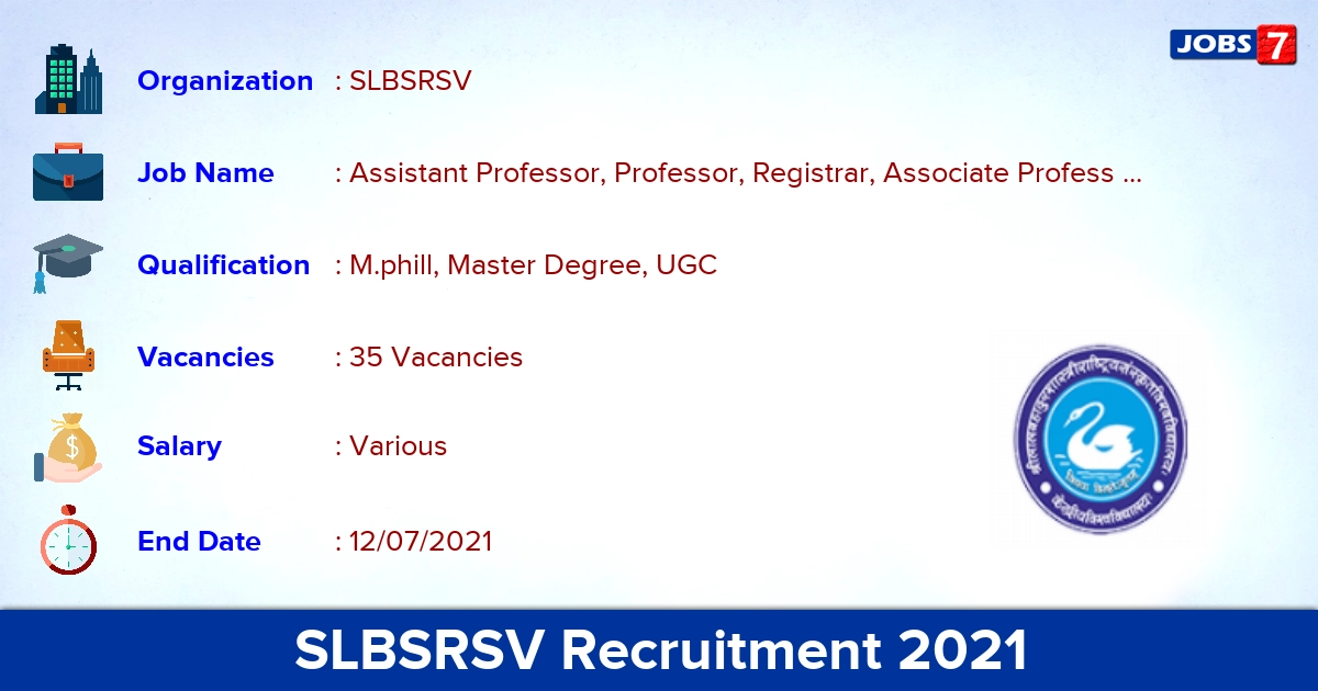 SLBSRSV Recruitment 2021 - Apply Online for 35 Assistant Professor Vacancies