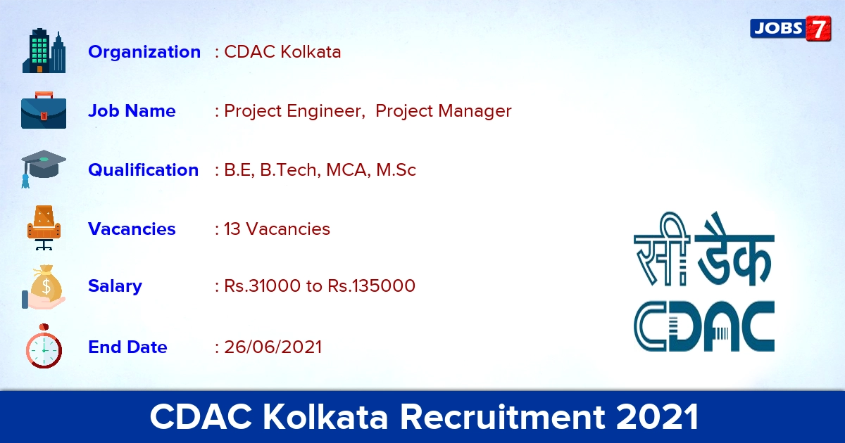 CDAC Kolkata Recruitment 2021 - Apply Online for 13 Project Manager Vacancies