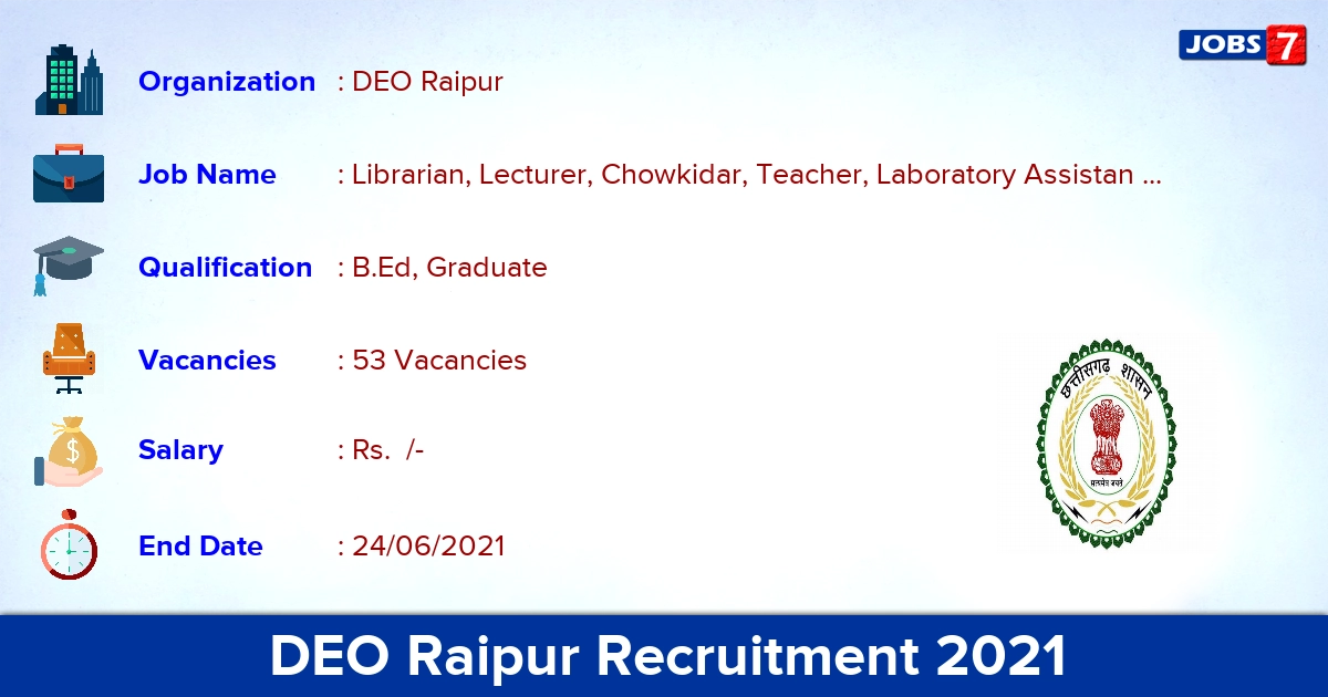 DEO Raipur Recruitment 2021 - Apply Online for 53 Laboratory Assistant Vacancies