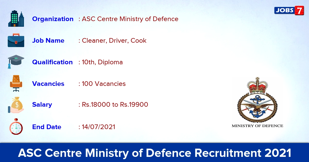 ASC Centre Ministry of Defence Recruitment 2021 - Apply Offline for 100 Driver, Cook Vacancies