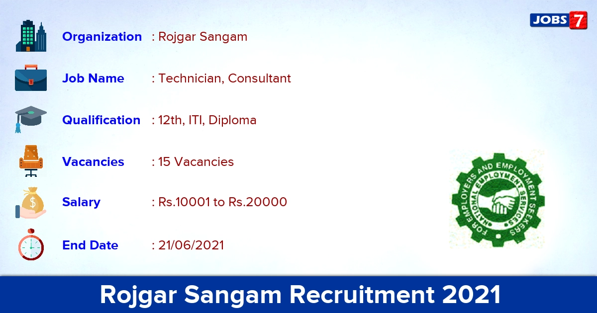 Rojgar Sangam Recruitment 2021 - Apply Online for 15 Technician, Consultant Vacancies