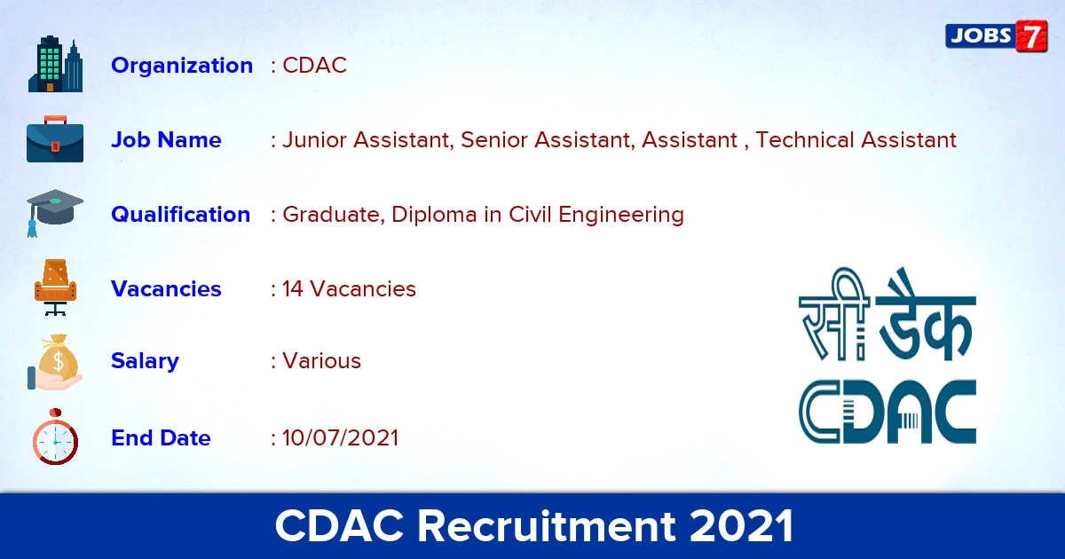 CDAC Recruitment 2021 - Apply Online for 14 Senior Assistant Vacancies