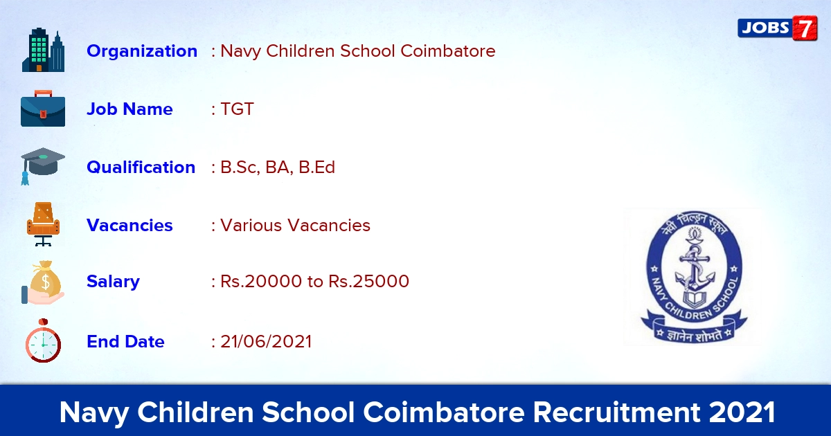 Navy Children School Coimbatore Recruitment 2021 - Apply Online for TGT Vacancies