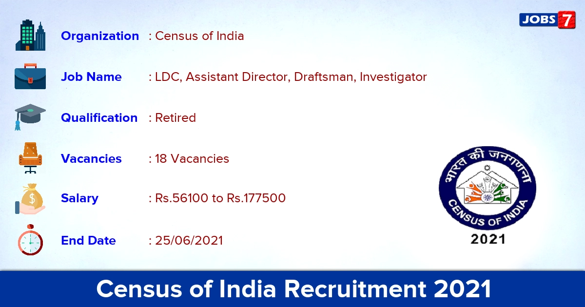 Census of India Recruitment 2021 - Apply Online for 18 LDC, Investigator Vacancies