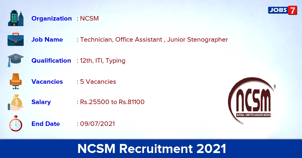 NCSM Recruitment 2021 - Apply Online for Junior Stenographer Jobs
