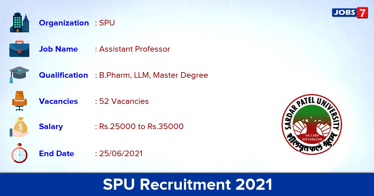 SPU Recruitment 2021 - Apply Offline for 52 Assistant Professor Vacancies