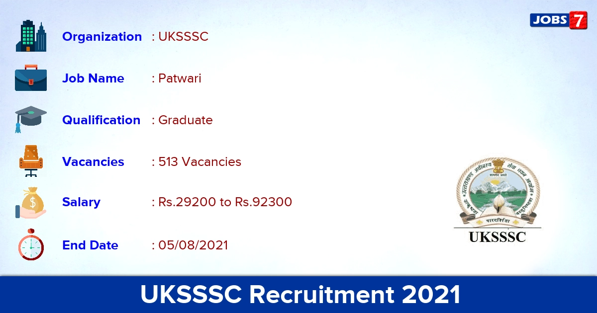 UKSSSC Recruitment 2021 - Apply Online for 513 Patwari Vacancies