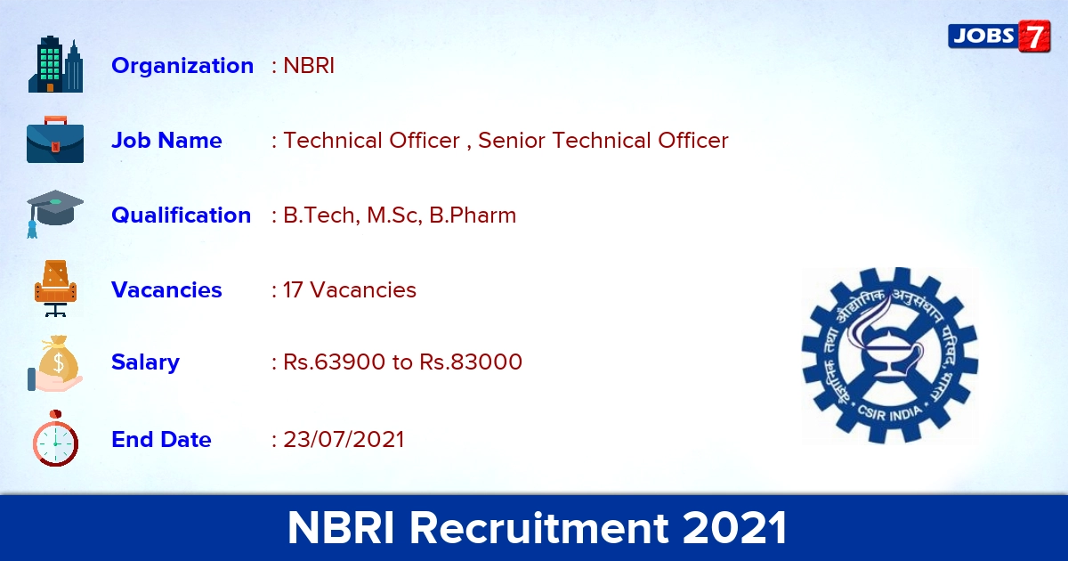 NBRI Recruitment 2021 - Apply Offline for 17 Technical Officer Vacancies