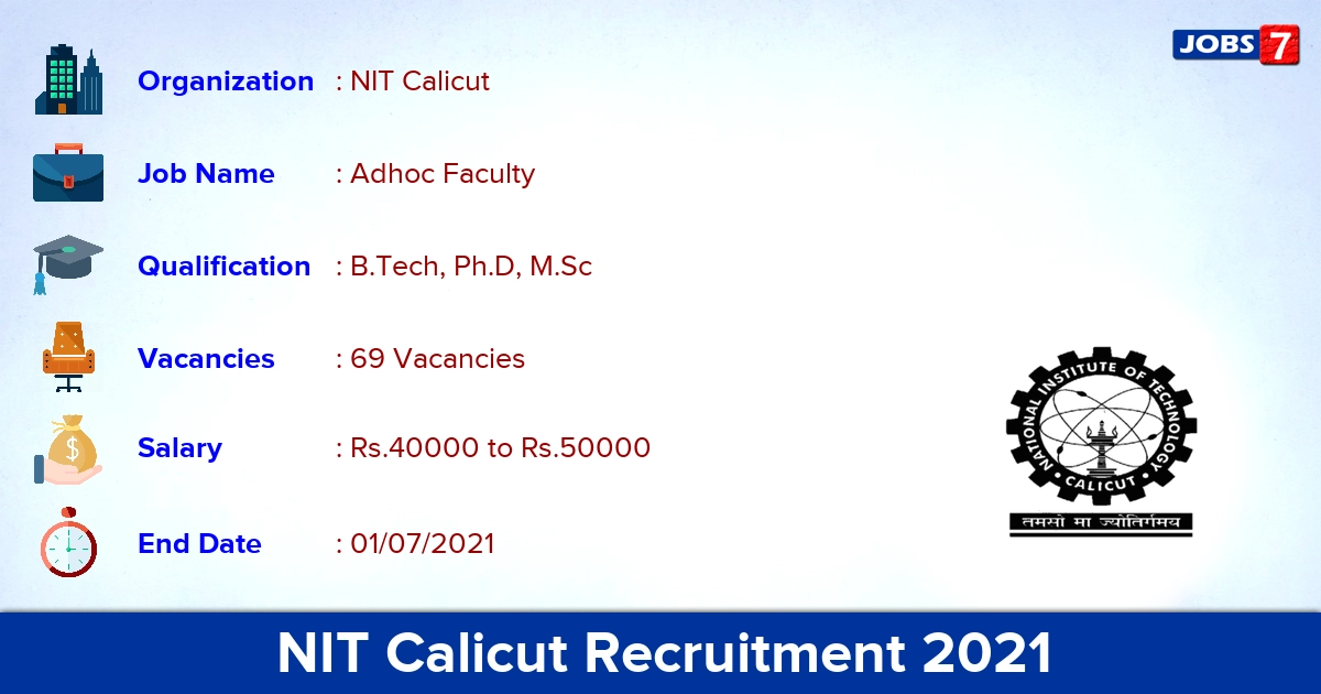 NIT Calicut Recruitment 2021 - Apply Online for 69 Adhoc Faculty Vacancies