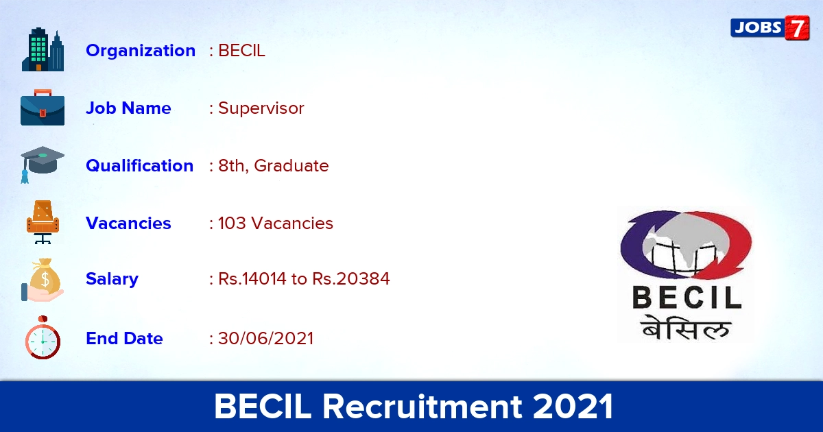 BECIL Recruitment 2021 - Apply Online for 103 Supervisor Vacancies
