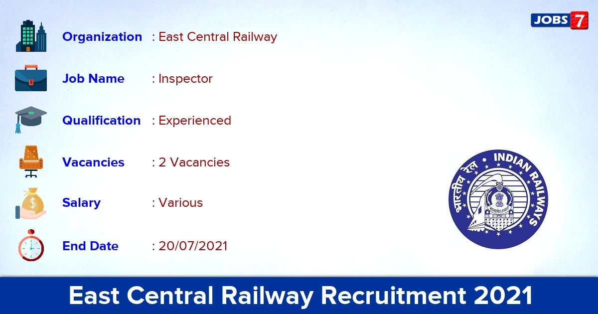 East Central Railway Recruitment 2021 - Apply Offline for Inquiry Inspector Jobs