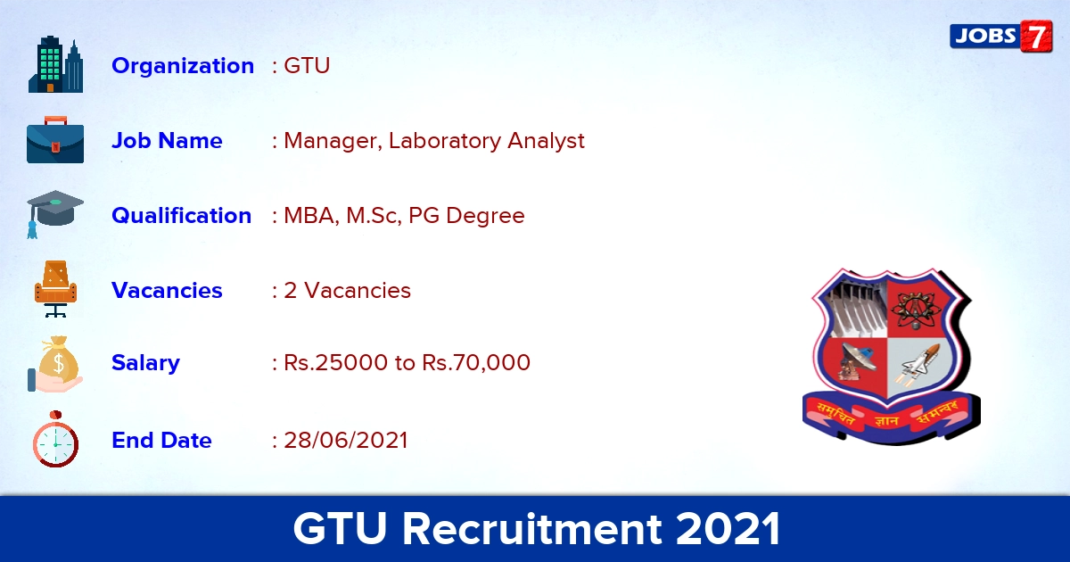 GTU Recruitment 2021 - Apply Online for Manager, Laboratory Analyst Jobs