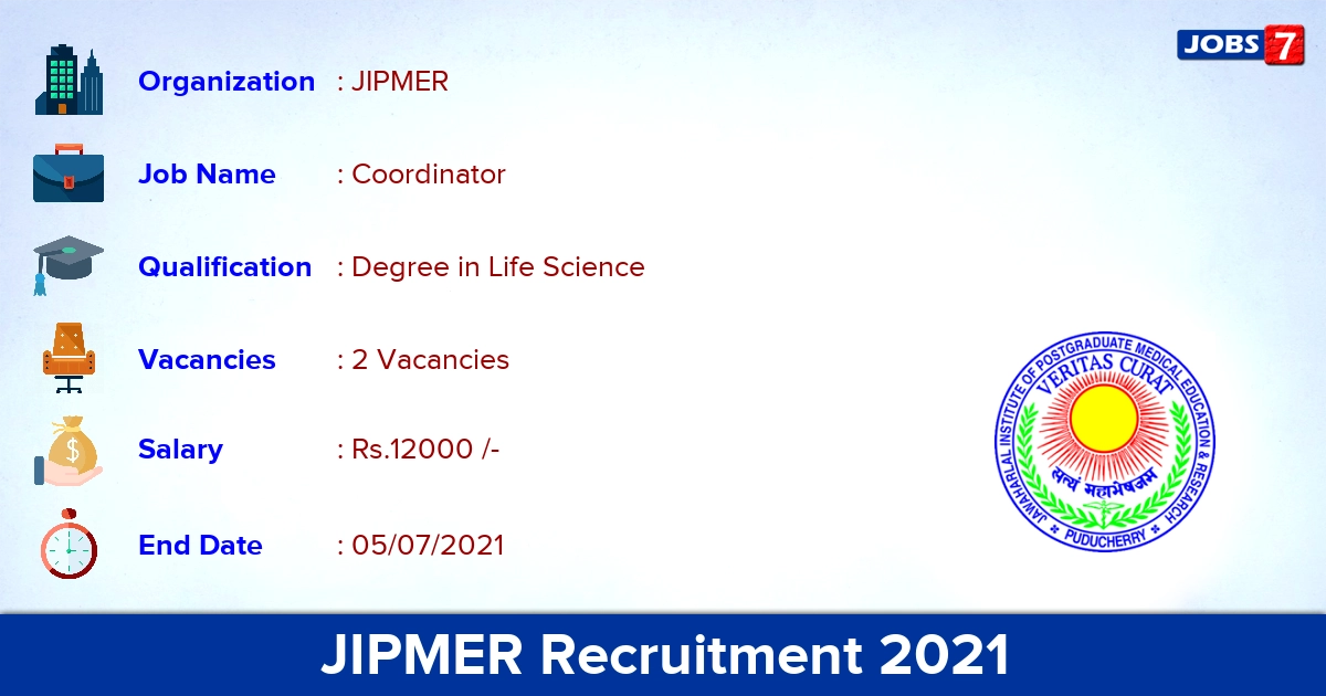 JIPMER Recruitment 2021 - Apply Online for Junior Trial Coordinator Jobs