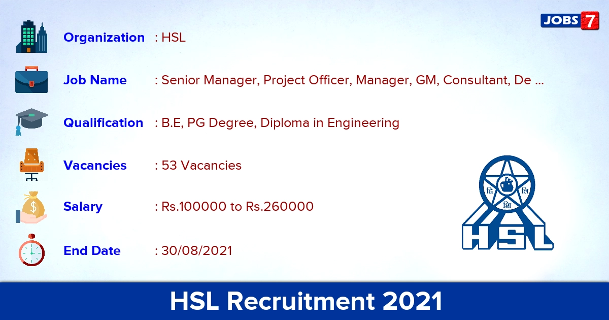 HSL Recruitment 2021 - Apply Online for 53 Senior Manager, Project Officer Vacancies