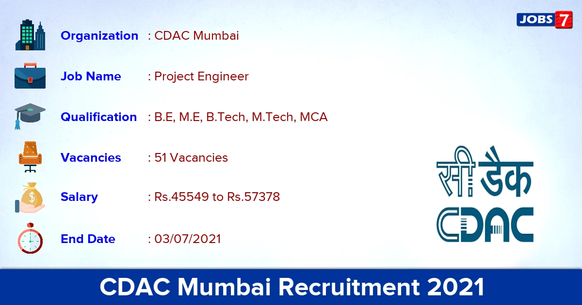 CDAC Mumbai Recruitment 2021 - Apply Online for 51 Project Engineer Vacancies